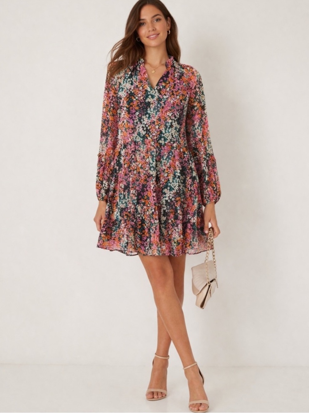 VINCE CAMUTO Floral Long-Sleeve Tiered Mini Dress Multi Ditsy Print Size XS